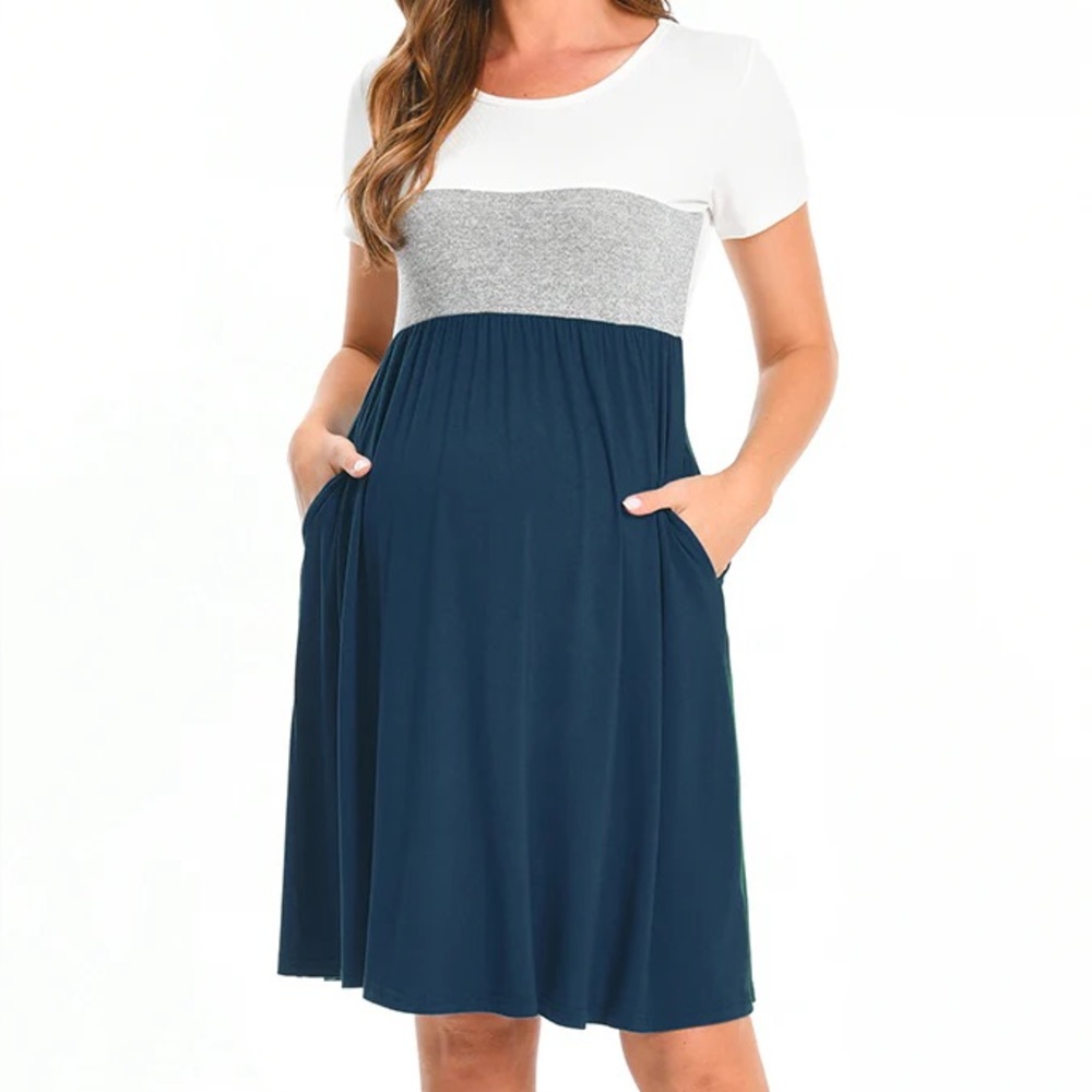 Bearsland multi XXL maternity Midi Dress Women's Short Sleeve Patchwork blue